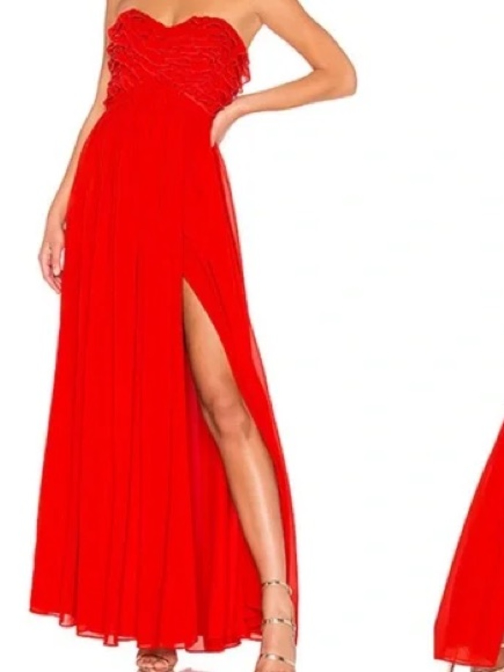 Lovers + Friends Revolve Theo Strapless Red Ruffle High‎ Slit Chiffon Maxi Dress